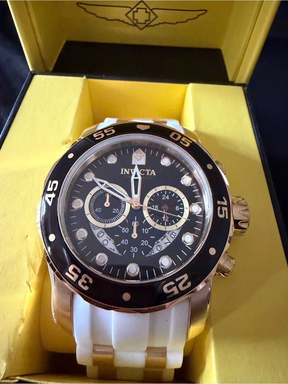 Invicta Men's Gold-Tone Black Dial Chronograph Watch with White Strap